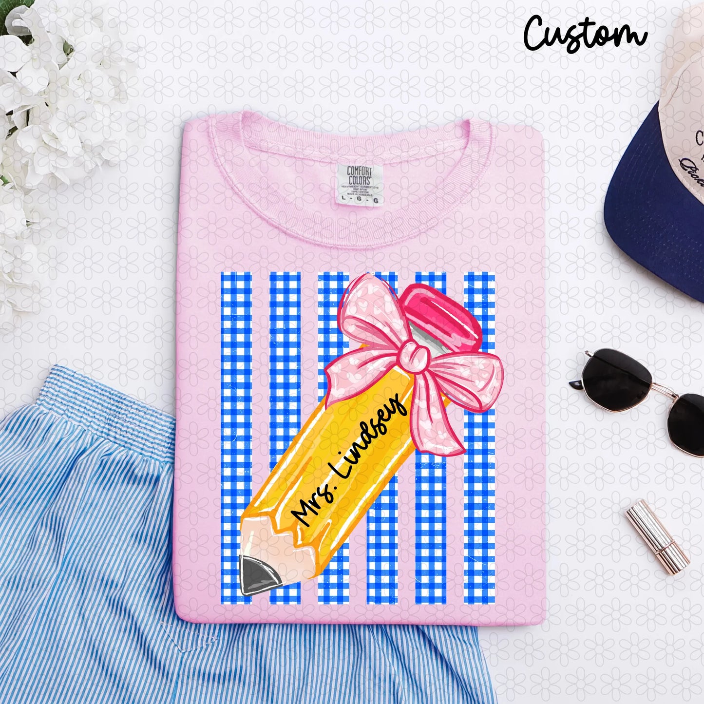 TEE TUESDAY - Gingham Pencil Bow Custom Name
