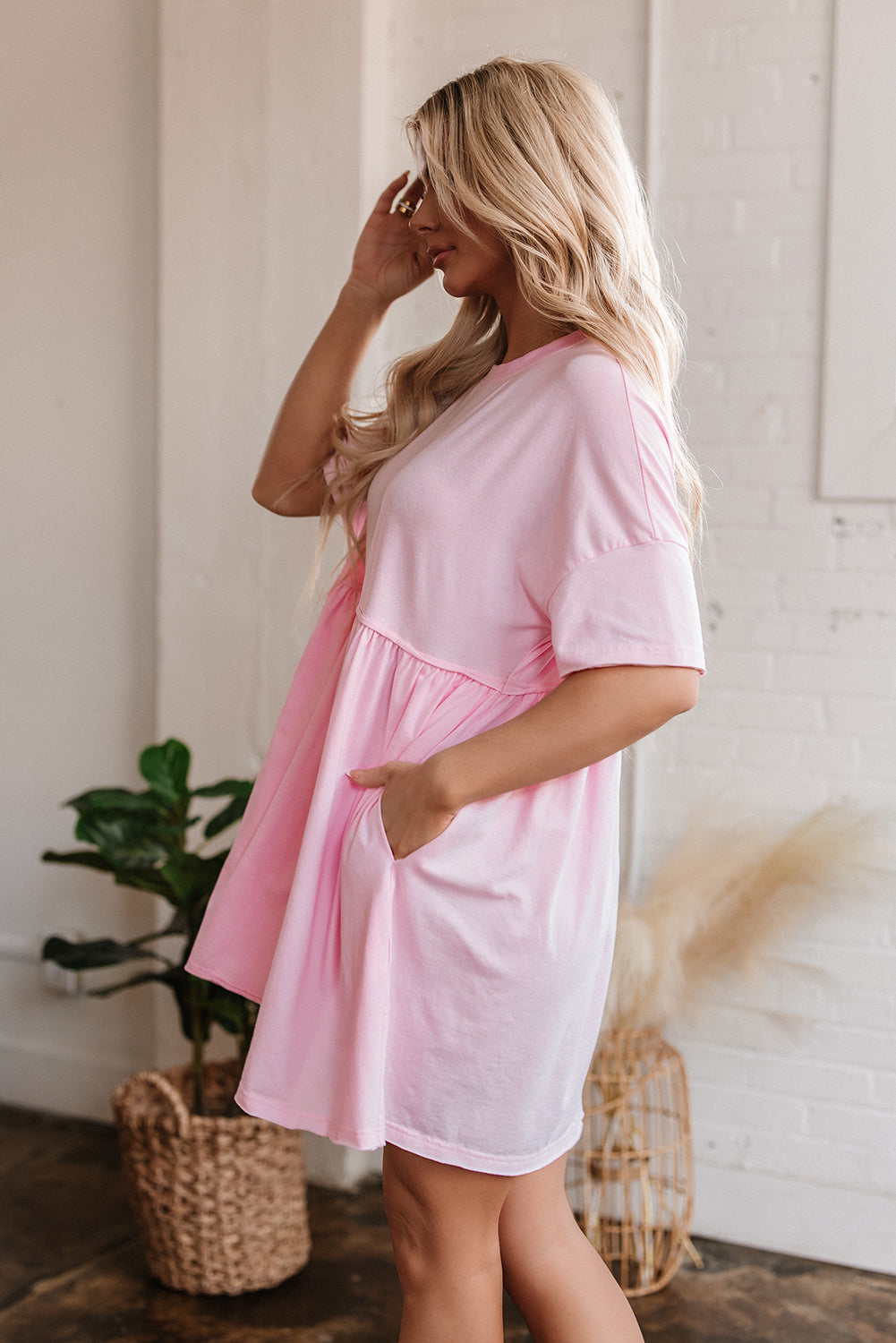 Light Pink Pocketed Raw Edge Babydoll Dress