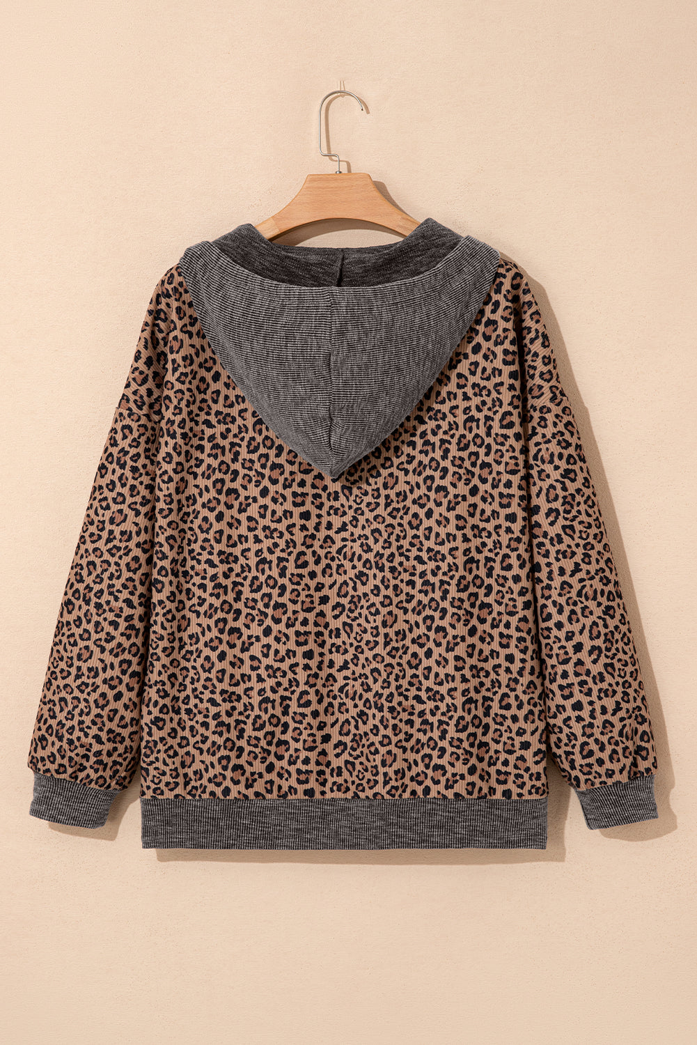 Ribbed Leopard Print Hooded Sweatshirt