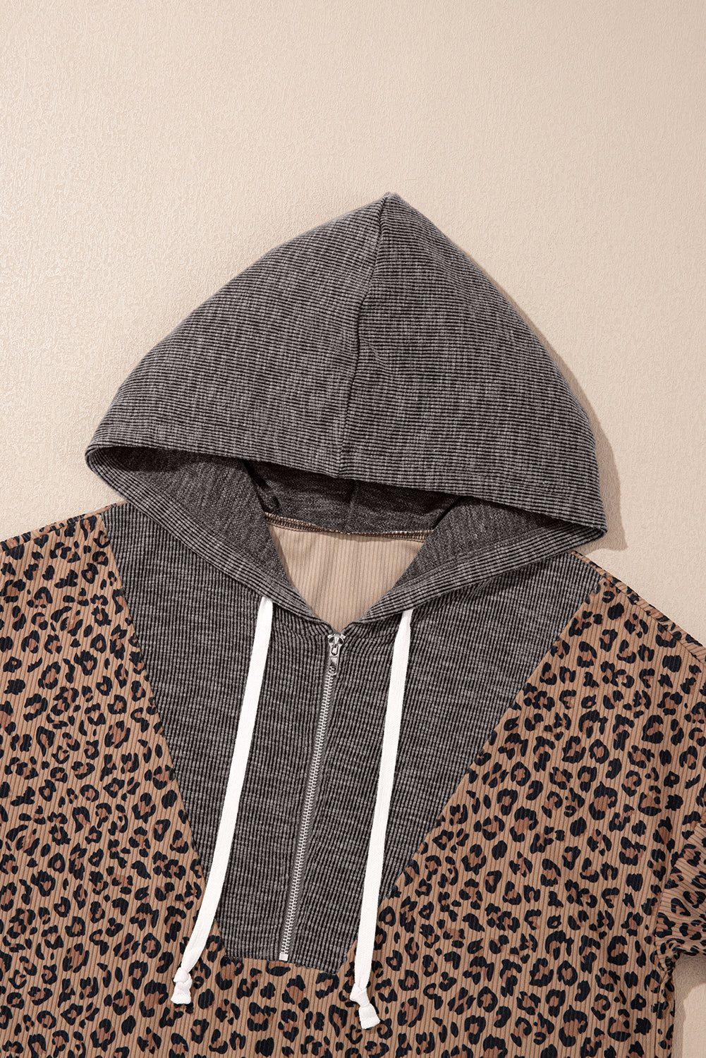 Ribbed Leopard Print Hooded Sweatshirt