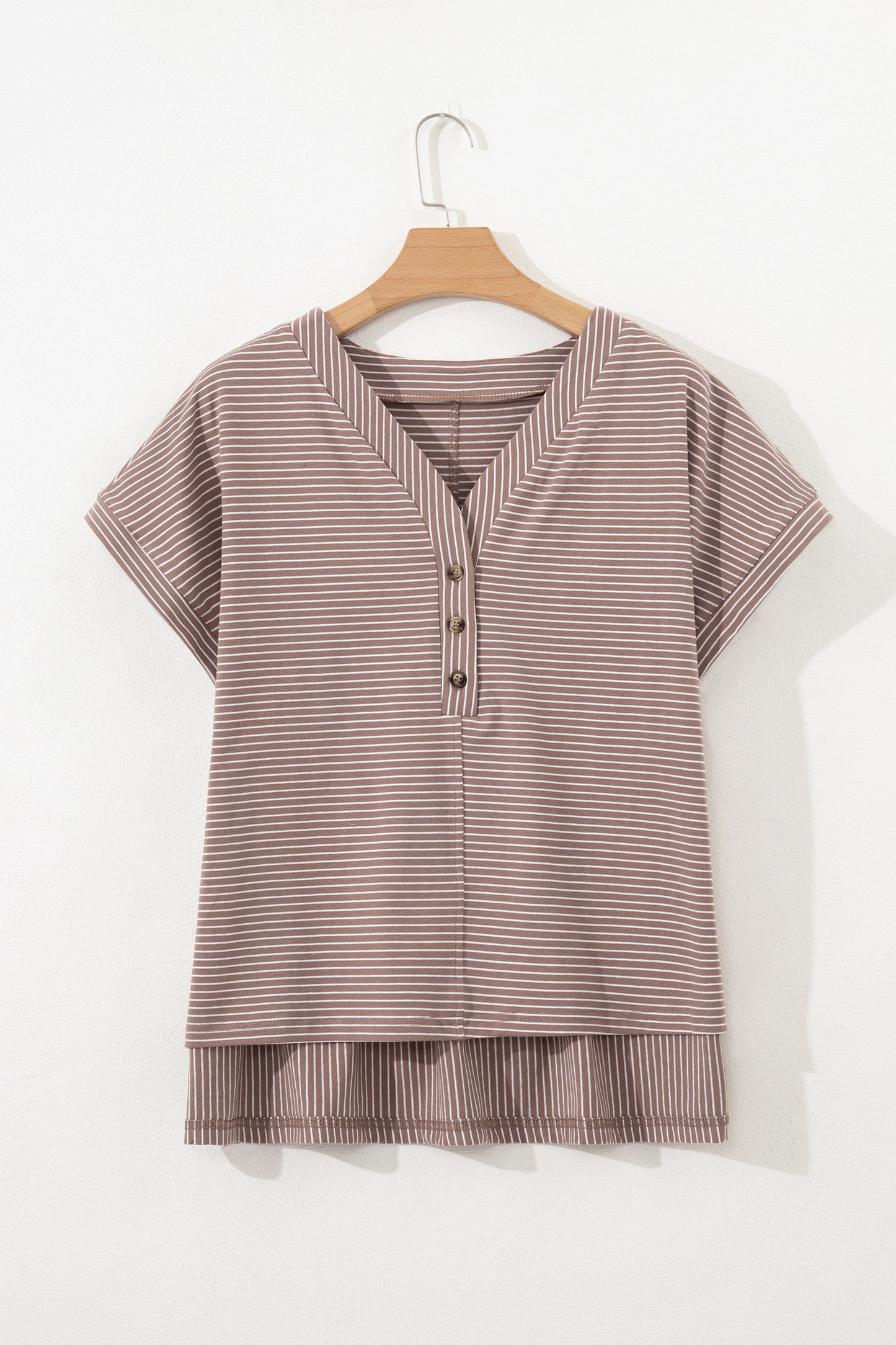 Khaki Stripe Buttoned V Neck Shirt