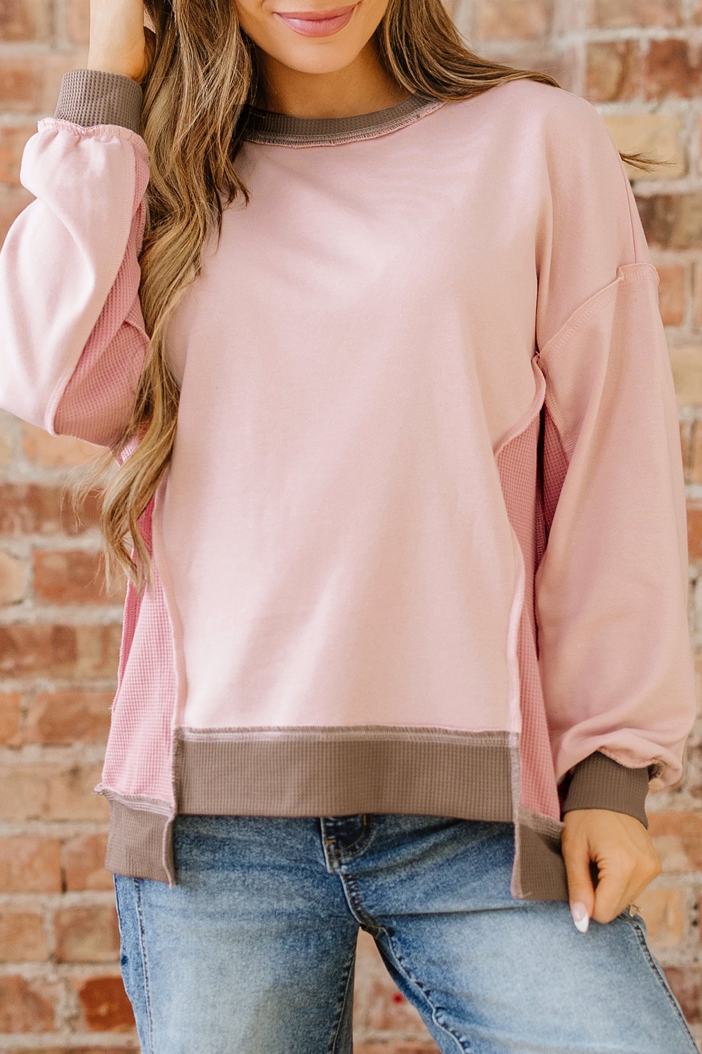 Color Block Waffle Patchwork Sweatshirt