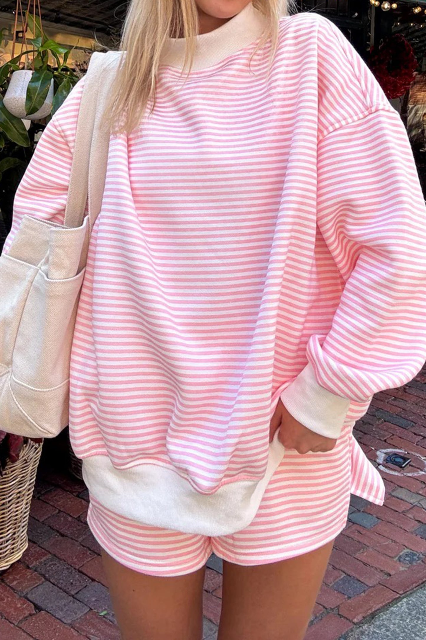 Pink Stripe Oversized Mock Neck Sweatshirt Set