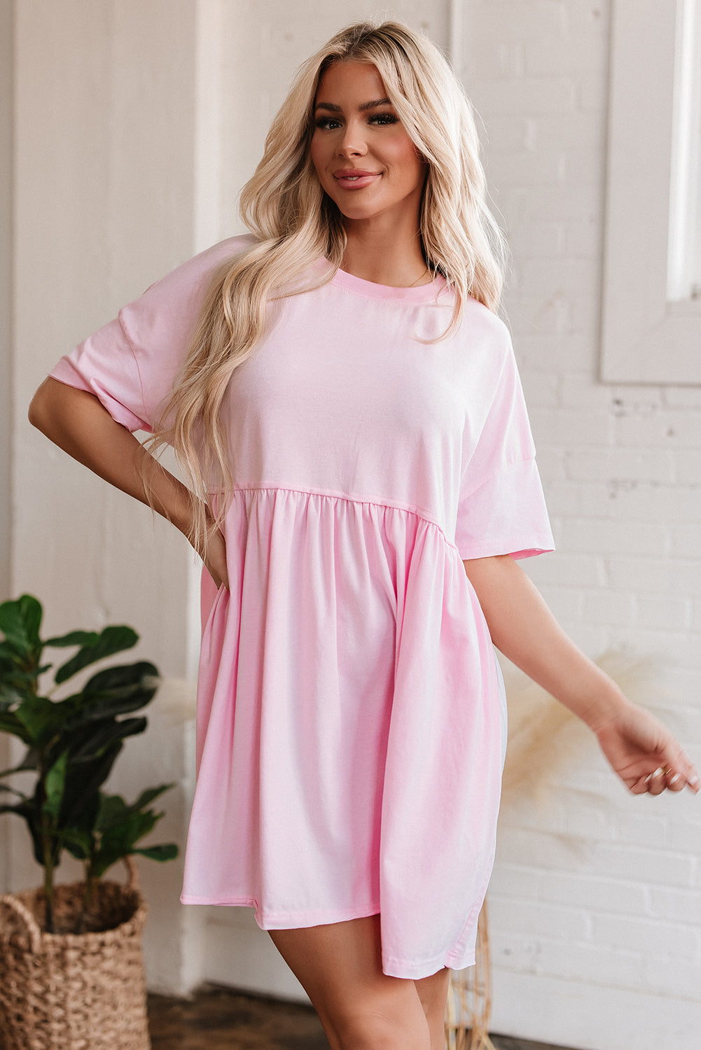 Light Pink Pocketed Raw Edge Babydoll Dress
