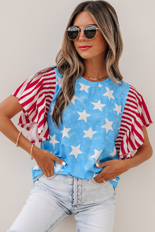 Vintage Star Print Striped Ruffle Sleeve Top