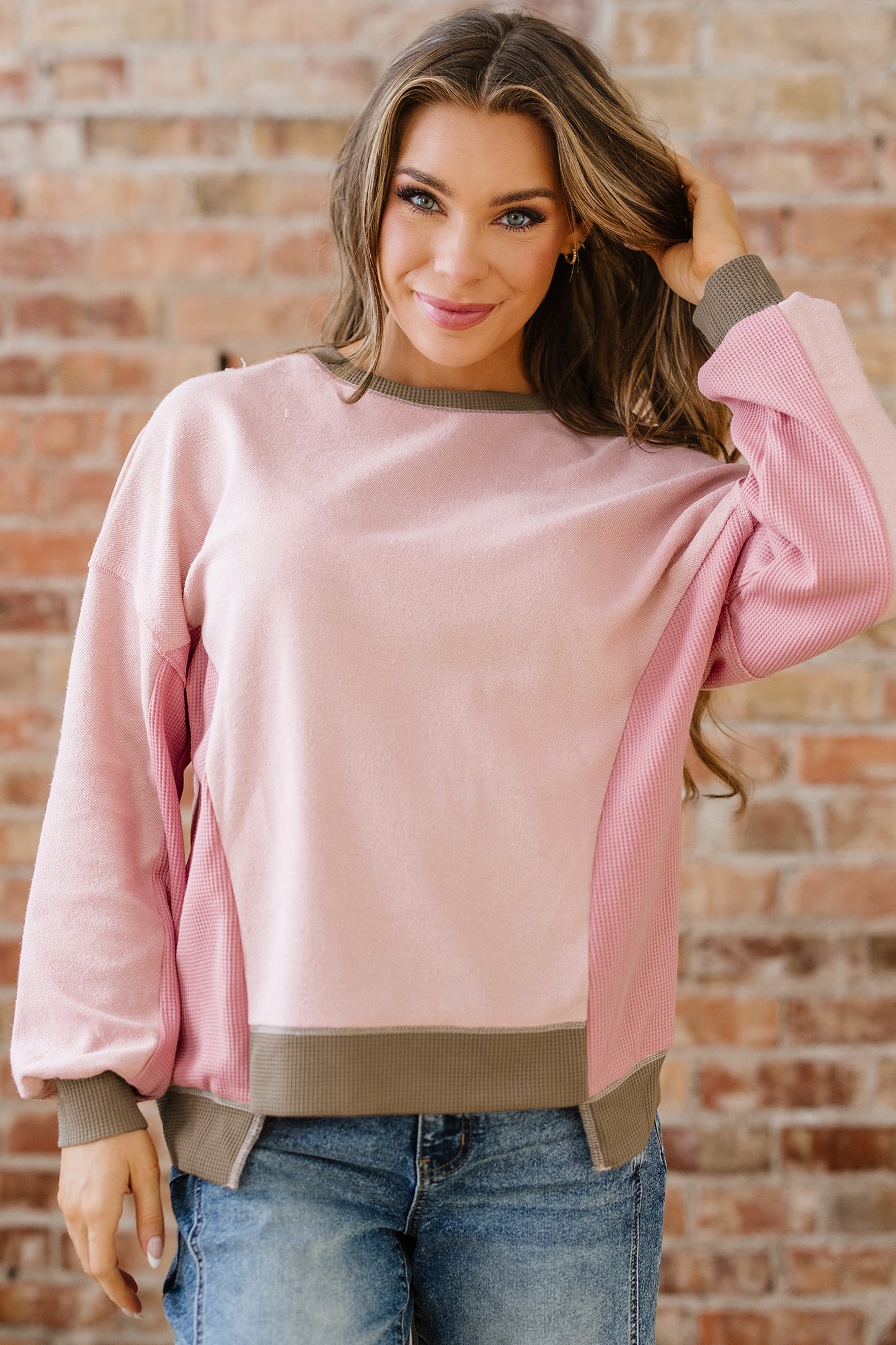 Color Block Waffle Patchwork Sweatshirt