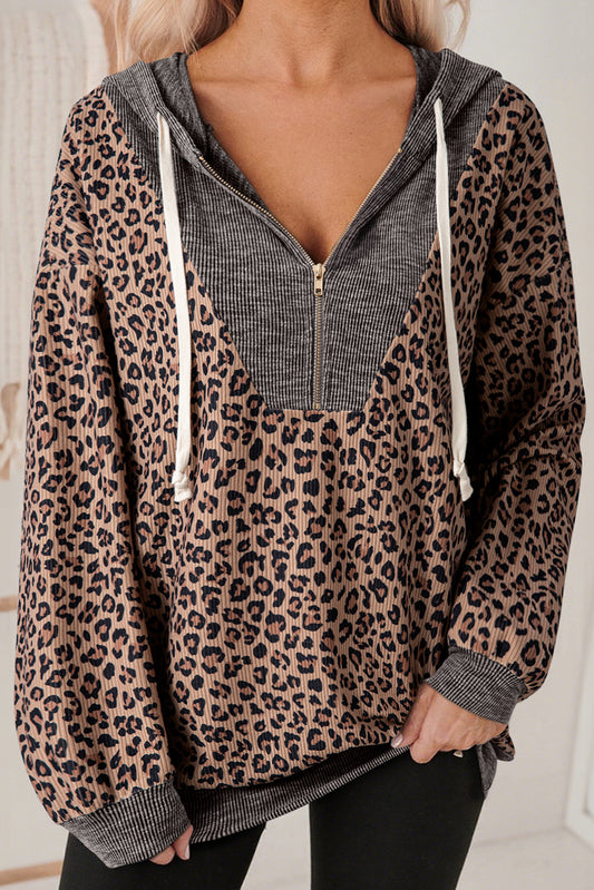 Ribbed Leopard Print Hooded Sweatshirt