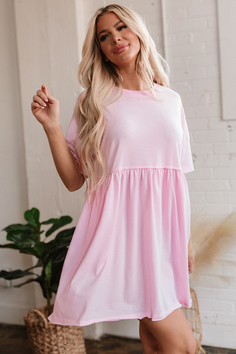 Light Pink Pocketed Raw Edge Babydoll Dress