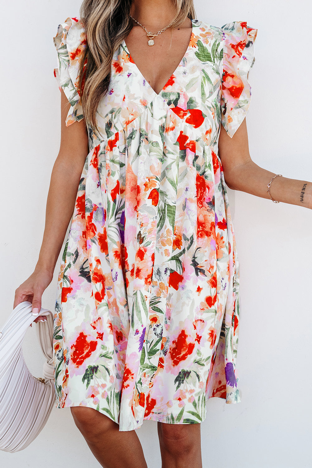 Pink Floral Double Ruffle Sleeve Mini Dress