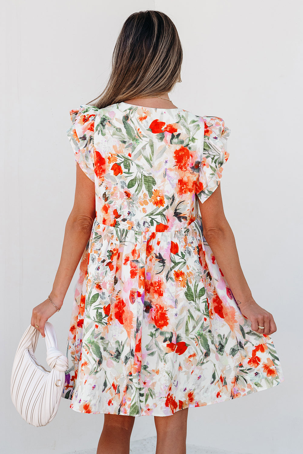 Pink Floral Double Ruffle Sleeve Mini Dress