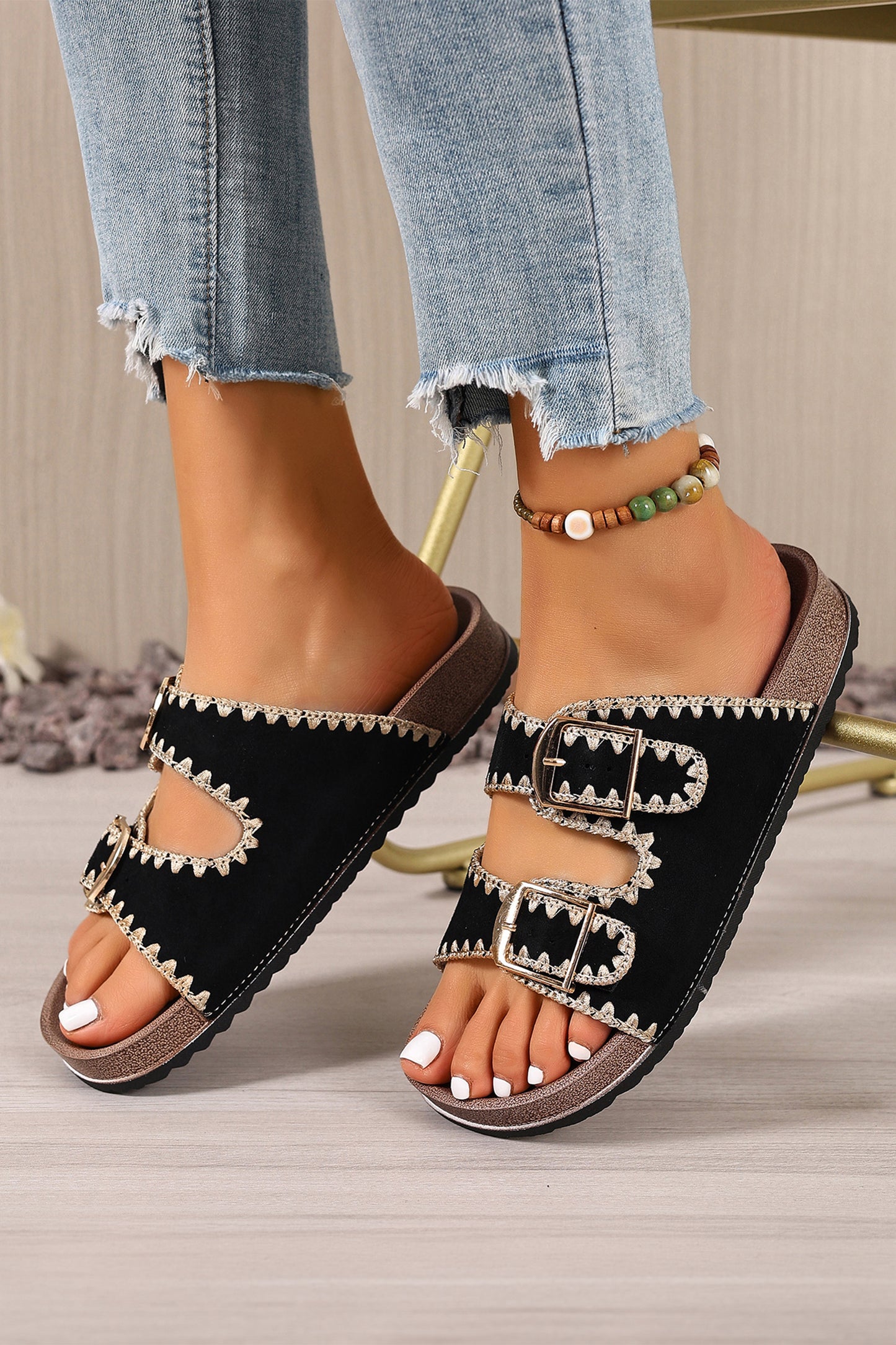 Black Embroidered Trim Sandals