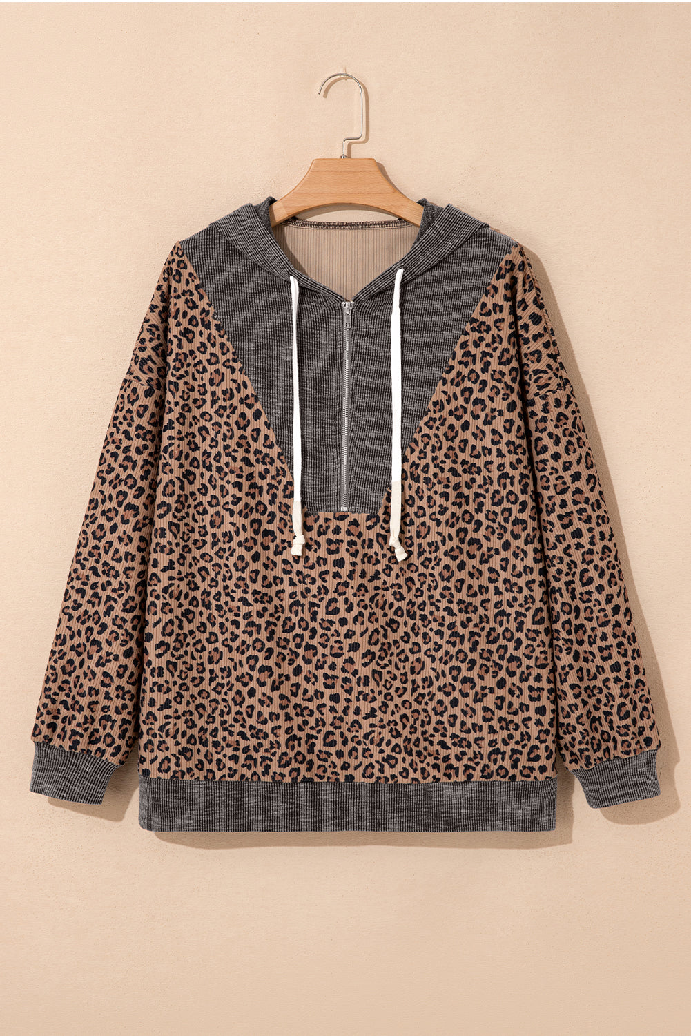 Ribbed Leopard Print Hooded Sweatshirt