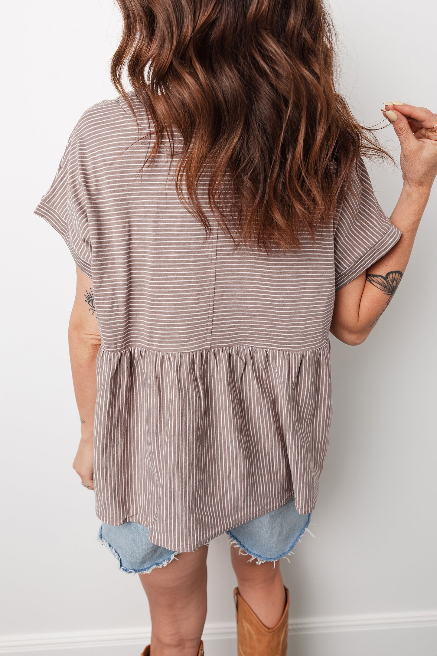 Khaki Stripe Buttoned V Neck Shirt