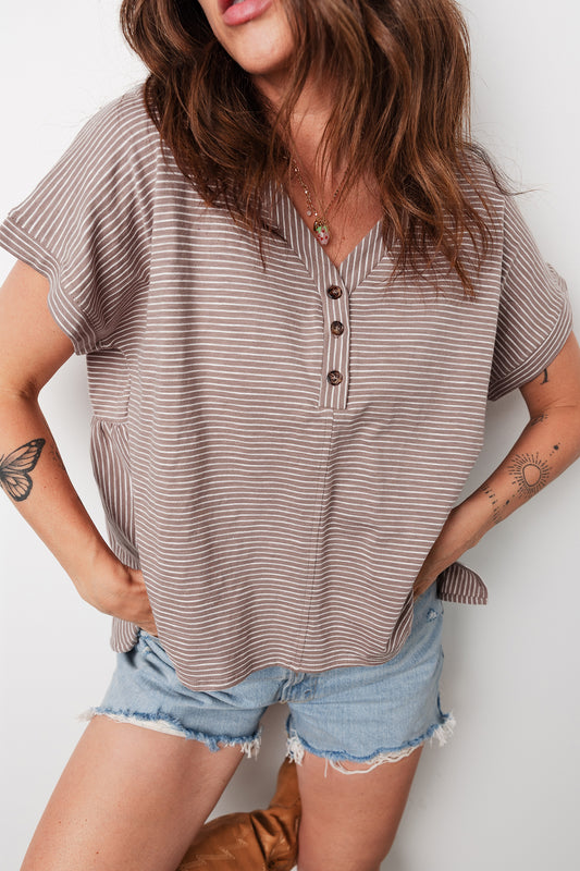 Khaki Stripe Buttoned V Neck Shirt