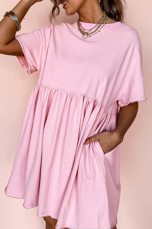 Light Pink Pocketed Raw Edge Babydoll Dress