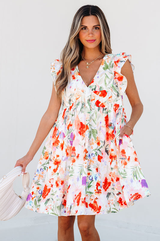 Pink Floral Double Ruffle Sleeve Mini Dress