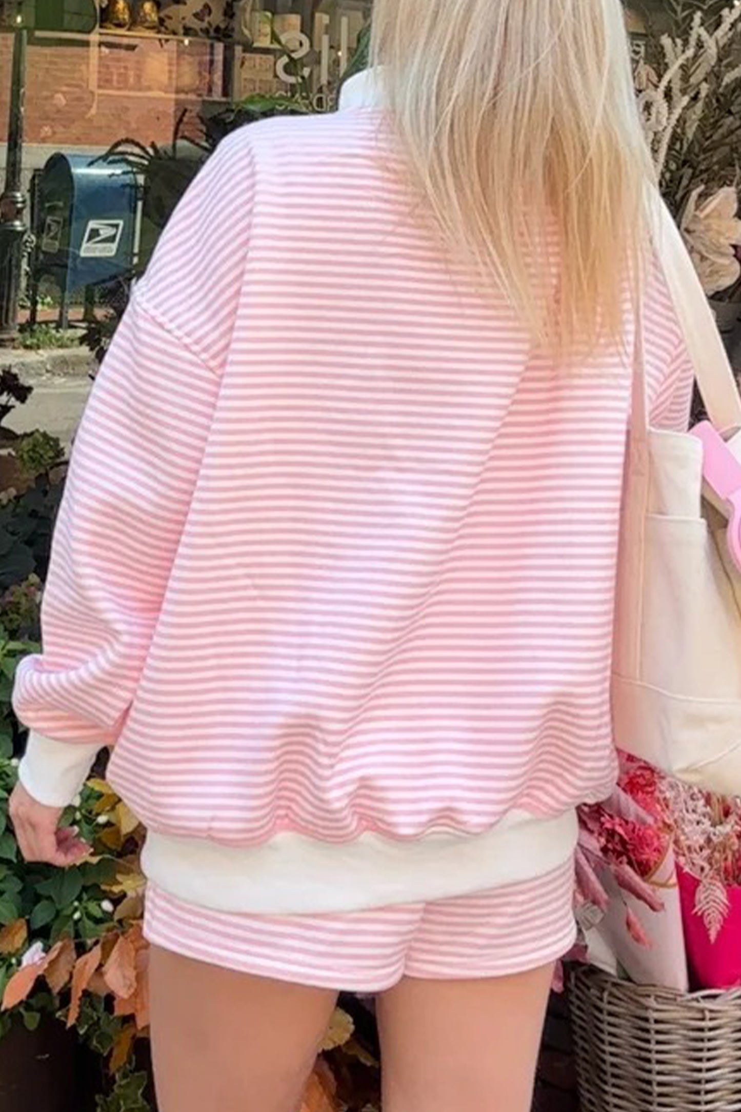 Pink Stripe Oversized Mock Neck Sweatshirt Set