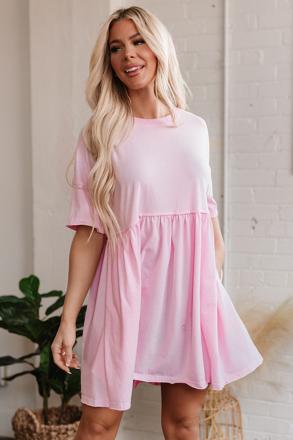 Light Pink Pocketed Raw Edge Babydoll Dress
