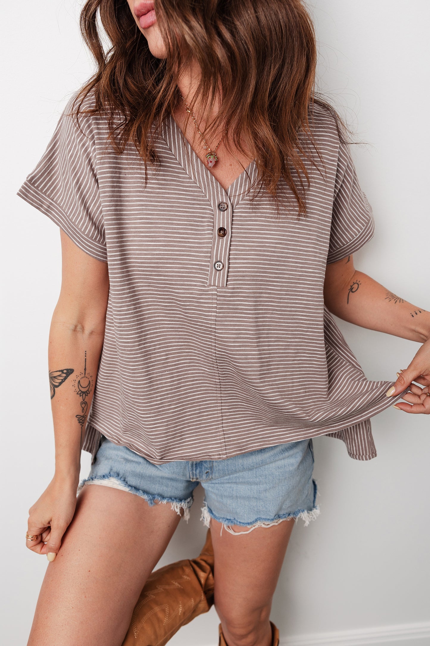 Khaki Stripe Buttoned V Neck Shirt