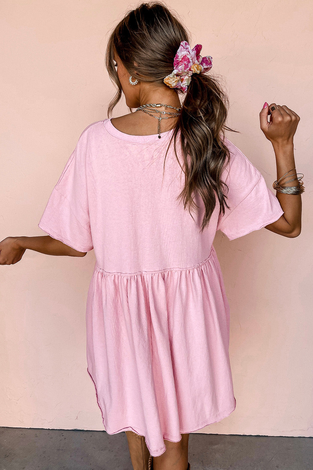 Light Pink Pocketed Raw Edge Babydoll Dress