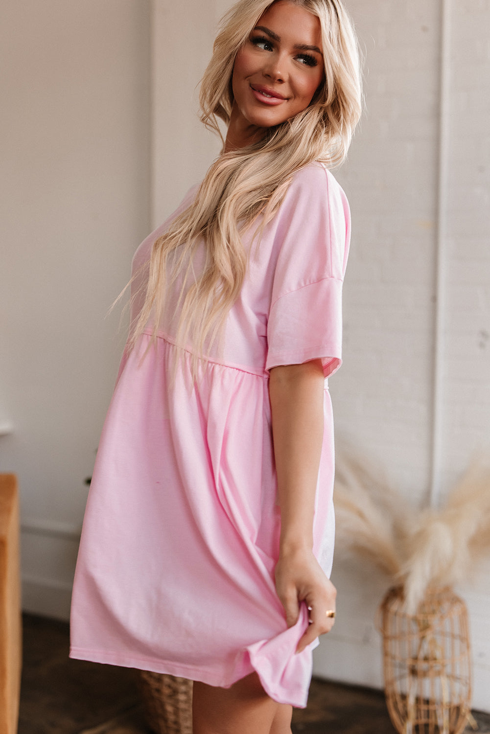 Light Pink Pocketed Raw Edge Babydoll Dress