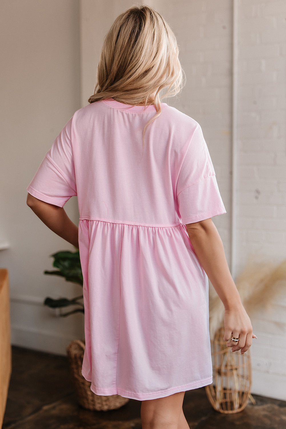 Light Pink Pocketed Raw Edge Babydoll Dress