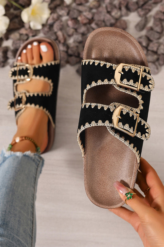 Black Embroidered Trim Sandals