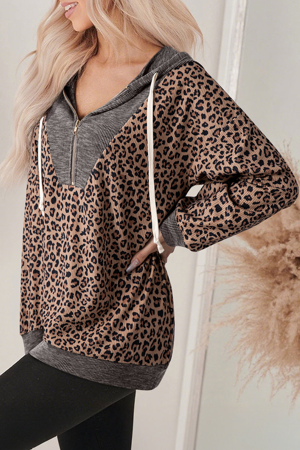Ribbed Leopard Print Hooded Sweatshirt
