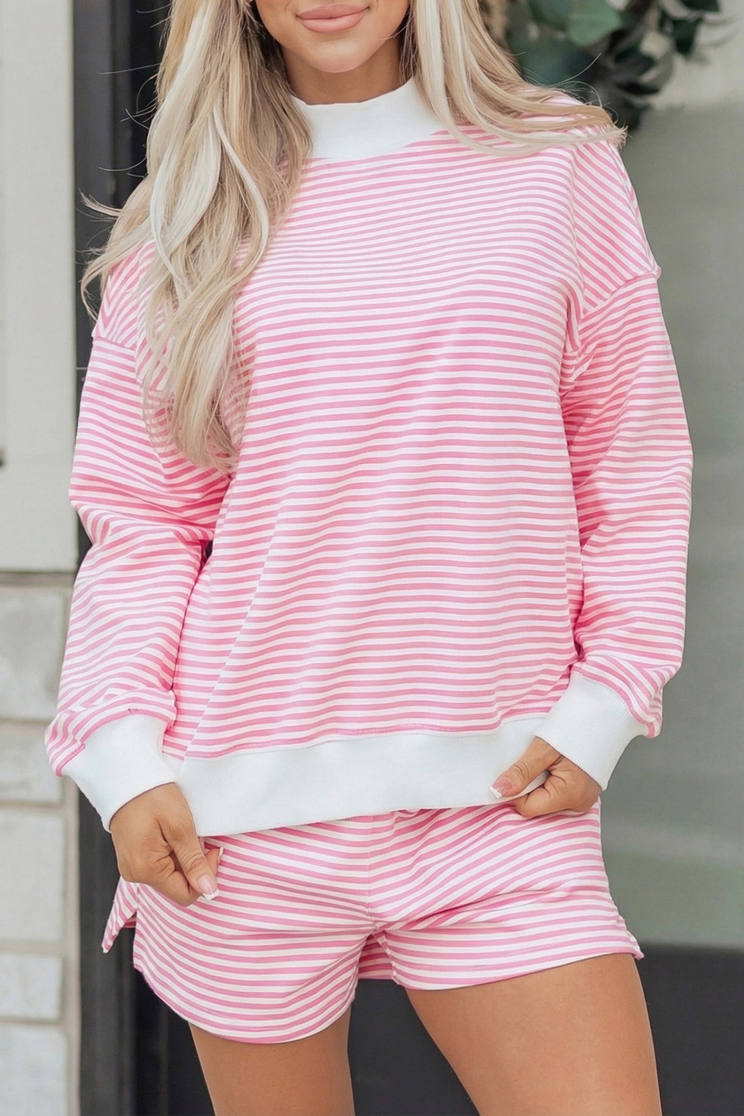 Pink Stripe Oversized Mock Neck Sweatshirt Set